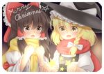  :d :o absurdres blonde_hair blush bow brown_eyes brown_hair commentary detached_sleeves fist_pump frilled_bow frilled_ribbon frills hair_bow hair_ribbon hair_tubes hakurei_reimu hat hat_bow hat_ribbon highres kirisame_marisa large_bow long_hair magic medium_hair merry_christmas multiple_girls open_mouth ribbon scarf smile star touhou unira vest witch_hat 