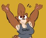  2017 anthro bear breasts brown_fur clothing female fur gabbah mammal muscular petunia_(gabbah) simple_background smile solo 
