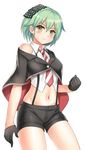  black_gloves commentary gloves green_hair highres looking_at_viewer navel necktie roma_(zhan_jian_shao_nyu) short_hair shorts smile solo suspender_shorts suspenders white_background y.ssanoha yellow_eyes zhan_jian_shao_nyu 