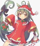  :3 absurdly_long_hair ahoge akashi_(azur_lane) animal_ears azur_lane bangs bell black_bow blush bow box cat_ears choker commentary_request cowboy_shot dress dutch_angle ears_through_headwear eyebrows_visible_through_hair fur-trimmed_dress fur-trimmed_hat gift gift_box green_bow green_hair grey_background hair_between_eyes hair_bow hair_ornament hairclip hat highres holding holding_gift jingle_bell long_hair long_sleeves mole mole_under_eye parted_lips red_choker red_dress red_hat santa_costume santa_hat shinonome_tsukasa simple_background sleeves_past_fingers sleeves_past_wrists solo very_long_hair wide_sleeves x_hair_ornament yellow_eyes 