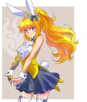  ahoge animal_ears blonde_hair bow bunny_ears bunny_tail coattails commentary hair_bow iesupa long_hair prosthesis prosthetic_arm purple_eyes ribbon-trimmed_legwear ribbon_trim rwby smile solo tail thighhighs wrist_cuffs yang_xiao_long 