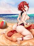  alternate_costume ass back bangs bare_shoulders barefoot beach bikini blush breasts commentary_request covered_nipples day earrings embarrassed feet from_behind full_body highres homura_(xenoblade_2) hot_dog jewelry large_breasts legs looking_at_viewer looking_back micro_bikini outdoors partially_visible_vulva red_eyes red_hair sereneandsilent shiny shiny_hair shiny_skin short_hair skindentation soles solo swimsuit tiara underboob water xenoblade_(series) xenoblade_2 