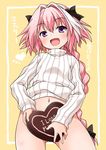  :d akou_roushi ass_visible_through_thighs astolfo_(fate) bangs black_bow blush bottomless bow braid chocolate chocolate_heart commentary_request eyebrows_visible_through_hair fang fate/apocrypha fate/grand_order fate_(series) hair_intakes heart long_braid long_hair long_sleeves looking_at_viewer male_focus multicolored_hair naked_sweater navel no_panties open_mouth otoko_no_ko pink_hair purple_eyes ribbed_sweater single_braid smile solo streaked_hair sweater translation_request turtleneck turtleneck_sweater valentine 