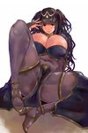 alternate_breast_size black_eyes black_hair black_legwear blush bodystocking breasts circlet cleavage covered_navel emi_no_kapakku eyebrows_visible_through_hair fire_emblem fire_emblem:_kakusei high_heels huge_breasts knees_apart_feet_together long_hair looking_at_viewer pelvic_curtain simple_background skin_tight smile solo spread_legs tharja twintails white_background 