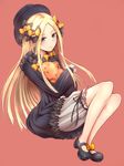  abigail_williams_(fate/grand_order) achiv bangs black_bow black_dress black_hat blonde_hair bloomers blue_eyes blush bow bug butterfly butterfly_ornament dress fate/grand_order fate_(series) forehead hair_ribbon hat highres holding holding_stuffed_animal insect long_hair long_sleeves looking_at_viewer mary_janes object_hug orange_background orange_bow parted_bangs polka_dot polka_dot_bow puffy_sleeves ribbon shoes simple_background sleeves_past_fingers sleeves_past_wrists solo stuffed_animal stuffed_toy teddy_bear underwear white_bloomers witch_hat 