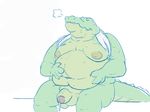  2015 alligator anthro balls crocodilian eyes_closed foreskin gator_(artist) green_scales hand_on_stomach humanoid_penis male moobs overweight partially_retracted_foreskin penis reptile sauna scales scalie semi-hard simple_background sitting smile solo sweat uncut white_background 