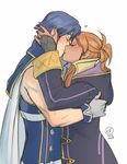  1girl artist_name blue_hair cape coat commentary couple female_my_unit_(fire_emblem:_kakusei) fire_emblem fire_emblem:_kakusei hair_up hetero hooded_coat hug kiss krom long_hair my_unit_(fire_emblem:_kakusei) orange_hair short_hair sidelocks ticcy white_cape 