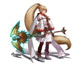  absurdly_long_hair ayaka_(ffbe) bangs bare_shoulders belt black_legwear blonde_hair boots brown_belt closed_mouth dress eyebrows final_fantasy final_fantasy_brave_exvius full_body gem gloves high_ponytail holding holding_staff lapucelle_(arasoo1210) legs_apart long_hair long_sleeves looking_away off-shoulder_dress off_shoulder pantyhose pink_eyes platform_boots platform_footwear pouch shadow simple_background smile solo staff standing very_long_hair white_background white_dress white_footwear white_gloves white_mage wide_sleeves 