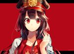  artist_name black_hair buster_shirt commentary_request fate/grand_order fate_(series) hat hat_ornament jacket light_frown long_hair nonono oda_nobunaga_(fate) oda_nobunaga_(swimsuit_berserker)_(fate) peaked_cap red_eyes solo wide-eyed 