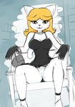  2018 anthro basic_instinct black_clothing black_dress blonde_hair bottomless breasts cassandra_cat cat cleavage clothed clothing damn_lasso_tool digital_media_(artwork) dot_eyes dress feline female fur gloves hair looking_at_viewer mammal parody pose presenting presenting_pussy pussy short_hair simple_background sitting slylock_fox_&amp;_comics_for_kids solo spread_legs spreading upskirt white_fur yellow_sclera 