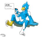  2017 4_toes 5_fingers 5_toes aji anthro avian beak bird blue_pupils bulge digital_drawing_(artwork) digital_media_(artwork) goo_creature goo_transformation japanese_text liquid_latex male nude open_mouth phone rubber simple_background sitting slime solo symbiote talons text toes tongue transformation twitter white_background wings 