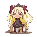  &gt;_&lt; blonde_hair blush chain chibi commentary_request crying dog earrings ereshkigal_(fate/grand_order) fate/grand_order fate_(series) headdress highres jewelry long_hair nose_blush nuu_(nu-nyu) simple_background standing two_side_up white_background xo 