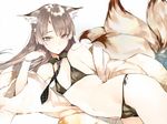  absurdres animal_ears bikini black_bikini brown_eyes brown_hair cropped detached_collar eyeliner flat_chest fox_ears fox_tail frown highres houndstooth long_hair lying makeup multiple_tails navel necktie off_shoulder on_side original scan shunsei_(muratou) side-tie_bikini solo swimsuit tail wristband 