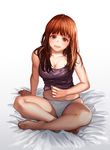  :d arm_behind_back arm_support bangs bare_arms bare_shoulders barefoot bed_sheet blush breasts brown_hair cleavage collarbone eyebrows eyelashes fingernails highres indian_style lapucelle_(arasoo1210) lifted_by_self long_hair looking_at_viewer medium_breasts open_mouth original panties pink_eyes purple_shirt shirt shirt_lift simple_background sitting smile solo straight_hair tank_top underwear white_background white_panties 