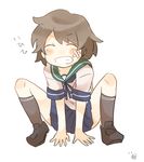  arms_between_legs artist_name bandaid bandaid_on_cheek bandaid_on_face black_legwear blue_neckwear blue_skirt blush brown_hair closed_eyes commentary full_body green_sailor_collar grin ina_(1813576) kantai_collection kneehighs loafers messy_hair miyuki_(kantai_collection) neck_ribbon pleated_skirt ribbon sailor_collar school_uniform serafuku shoes short_hair short_sleeves skirt smile solo squatting teeth translated 