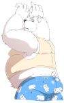  2018 anthro belly black_nose blush bulge butt clothing humanoid_hands jumperbear male mammal overweight overweight_male polar_bear shirt simple_background solo tongue tongue_out underwear ursine white_background 