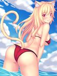 animal_ears ass back bikini blonde_hair blush breasts cat_ears cat_tail cloud day fast-runner-2024 highres large_breasts long_hair looking_at_viewer looking_back naala ocean original outdoors red_eyes sideboob sky slit_pupils smile solo swimsuit tail 