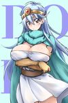  blue_hair breast_hold breasts cape circlet cleavage covered_nipples dragon_quest dragon_quest_iii dress elbow_gloves gloves hair_between_eyes large_breasts long_hair looking_at_viewer mikagami_sou red_eyes sage_(dq3) short_dress solo strapless strapless_dress very_long_hair white_dress 