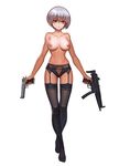  areolae ass_visible_through_thighs bangs black_garter_belt black_legwear black_panties bob_cut breasts censored closed_mouth collarbone crossed_legs desert_eagle expressionless eyebrows eyelashes frown full_body garter_belt groin gun h&amp;k_mp5 hair_between_eyes handgun heckler_&amp;_koch highres holding holding_gun holding_weapon lapucelle_(arasoo1210) looking_at_viewer medium_breasts mosaic_censoring navel nipples orange_eyes original panties short_hair silver_hair simple_background solo standing stomach submachine_gun thighhighs topless underwear watson_cross weapon white_background 