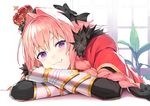  :3 astolfo_(fate) bangs black_bow bow braid cape closed_mouth commentary_request crossed_arms crown eyebrows_visible_through_hair fang fate/grand_order fate_(series) fur-trimmed_cape fur_trim gauntlets hair_bow hair_intakes head_rest highres indoors leaning_forward long_hair looking_at_viewer male_focus nanotaro otoko_no_ko pink_hair plant purple_eyes red_cape single_braid sitting solo window 