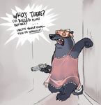  2018 anthro clothed clothing dialogue digital_media_(artwork) english_text female fur gun handgun honey_(zootopia) honey_badger humor mammal multicolored_fur mustelid nobby_(artist) panties ranged_weapon solo teeth text tongue tongue_out underwear weapon yelling 
