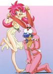  90s animal_costume barefoot blue_hair breasts bunny_costume cacao_(lamune) cleavage dark_skin ear_pull earrings green_eyes hair_over_one_eye highres hood hood_up jewelry kneeling large_breasts leg_up long_hair looking_at_viewer multiple_girls no_panties official_art parfait_(lamune) partially_unzipped pink_hair purple_eyes shiny shiny_skin smile standing vs_knight_lamune_&amp;_40_fresh wristband 
