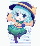  :d ankle_boots bangs black_hat blue_eyes blue_hair blush_stickers boots chibi floral_print frilled_shirt_collar frilled_skirt frilled_sleeves frills full_body green_skirt hat hat_ribbon heart heart_of_string komeiji_koishi leg_up long_sleeves looking_at_viewer medium_skirt open_mouth outstretched_arms print_skirt purple_footwear rei_(tonbo0430) ribbon rose_print shirt short_hair skirt smile solo standing standing_on_one_leg striped striped_background tareme third_eye touhou wide_sleeves yellow_ribbon yellow_shirt 