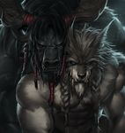  2018 abs anthro biceps big_muscles blue_eyes bovine braided_hair canine digital_media_(artwork) eye_contact fangs fur genn_greymane hair hi_res highmountain_tauren horn male mammal markings moon_light muscular muscular_male night_sky pecs simple_background tauren video_games warcraft were werewolf worgen yy6241 