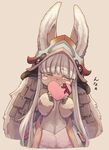  animal_ears bangs blunt_bangs blush blush_stickers box bunny_ears commentary_request cropped_legs embarrassed eyebrows_visible_through_hair furry grey_hair heart-shaped_box highres made_in_abyss mochi_(mochi444420) nanachi_(made_in_abyss) solo tan_background valentine whiskers yellow_eyes 