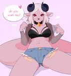  &lt;3 2018 anthro bell breasts clothing collar eyebrows female hair horn lingerie looking_at_viewer miya_(moiyablochki) moiyablochki_(artist) navel red_eyes seductive solo speech_bubble text torn_bottomwear translucent unknown_species 