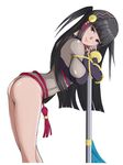  ass beads bent_over black_eyes black_hair bodystocking bracelet breasts cowboy_shot fire_emblem fire_emblem_heroes fire_emblem_if flag flagpole hairband highres impossible_clothes jewelry kogamon large_breasts leaning_on_object lips long_hair looking_at_viewer simple_background skin_tight smile solo syalla_(fire_emblem_if) tassel thighs two_side_up white_background 