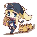  ahoge artoria_pendragon_(all) bag baseball_cap blonde_hair blue_eyes boar chibi fate/grand_order fate_(series) food food_in_mouth full_body hair_through_headwear hat highres jacket mysterious_heroine_x nuu_(nu-nyu) paper_bag ponytail simple_background sweet_potato thighhighs track_jacket translated walking white_background 