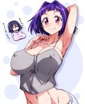  arm_up armpits blue_hair breasts cleavage commentary_request huge_breasts large_breasts midriff multiple_girls navel original purple_hair red_eyes runaru sweater translation_request turtleneck turtleneck_sweater 