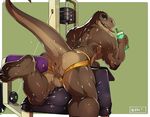  2018 anthro anus balls bent_over biceps brown_scales butt captain_nikko clothed clothing dinosaur exercise exhibitionism feet green_background jockstrap leaning looking_at_viewer looking_back male muscular muscular_male open_mouth partially_clothed presenting presenting_hindquarters raised_leg raised_tail scales scalie simple_background smile solo sweat teeth theropod tongue tongue_out tyrannosaurus_rex underwear weight_machine weightlifting workout yellow_eyes 