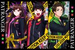  2boys asaka_keiichirou badge bullet_hole gloves gspo_uniform gun highres hikawa_sakuya holding holding_weapon kaitou_sentai_lupinranger_vs._keisatsu_sentai_patranger multiple_boys multiwhite myoujin_tsukasa police short_hair star super_sentai uniform vs_changer weapon 