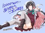  announcement artist_name black_hair blazer blue_background boots cross-laced_footwear followers grey_legwear grin hairband halterneck jacket kantai_collection lace-up_boots long_hair looking_at_viewer mikage_takashi multicolored_hair naganami_(kantai_collection) pink_hair shirt signature simple_background smile solo thighhighs translation_request two-tone_hair v wavy_hair white_hairband white_shirt 
