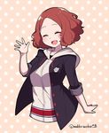  :d blazer blush brown_hair closed_eyes commentary_request cosplay do_m_kaeru hood hoodie jacket okumura_haru open_mouth persona persona_5 short_hair smile takamaki_anne takamaki_anne_(cosplay) twitter_username waving 