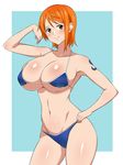  1girl bare_arms bare_shoulders bikini bikini_top blush breasts brown_eyes cleavage cowboy_shot curvy female highres hips huge_breasts kagemusha large_breasts looking_at_viewer nami_(one_piece) navel one_piece orange_eyes orange_hair shiny shiny_skin short_hair solo sp&ouml;p stomach swimsuit tattoo thick_thighs thighs wide_hips 
