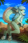  4_toes 5_fingers anthro beach blue_hair breasts cloud day detailed_background digitigrade feline female fur green_fur hair hioshiru inner_ear_fluff kneeling long_hair looking_back mammal nude outside pawpads plant seaside side_boob sky smile solo toes water yellow_eyes 