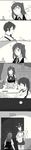  2018 4girls admiral_(kantai_collection) ahoge akagi_(kantai_collection) arashi_(kantai_collection) bag blush breasts closed_eyes closed_mouth collared_shirt comic curtains desk door flying_sweatdrops gloves greyscale hagikaze_(kantai_collection) hakama_skirt hallway hat highres holding holding_paper indoors japanese_clothes kaga_(kantai_collection) kantai_collection long_hair long_image medium_hair military_hat monochrome moon multiple_girls neck_ribbon night night_sky one_side_up paper peaked_cap pen plastic_bag ribbon school_uniform shirt side_ponytail skirt sky smile sparkle tall_image tasuki thighhighs translated vest weidashming window 