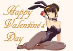  ;) animal_ears arm_support bare_shoulders black_bow black_footwear black_legwear black_leotard black_neckwear bow bowtie box breasts brown_eyes brown_hair bunny_ears bunny_girl bunnysuit cleavage closed_mouth detached_collar eyebrows_visible_through_hair full_body hair_ribbon hairband happy_valentine haruhisky head_tilt heart-shaped_box high_heels highres holding holding_box leotard looking_at_viewer medium_breasts one_eye_closed pantyhose ponytail reclining ribbon shiny shiny_skin simple_background smile solo strapless strapless_leotard suzumiya_haruhi suzumiya_haruhi_no_yuuutsu tareme valentine wrist_cuffs yellow_background yellow_hairband yellow_ribbon 