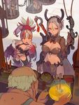  2girls breasts cage chain cleavage commentary eyeball from_behind grey_hair highres holding large_breasts long_hair looking_at_another midriff multicolored_hair multiple_girls navel original short_hair tim_loechner 