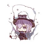  chibi fate/grand_order fate_(series) fou_(fate/grand_order) full_body hair_over_one_eye highres mash_kyrielight nuu_(nu-nyu) parted_lips purple_eyes purple_hair sheath sheathed shield short_hair simple_background sitting snow snow_on_head sword weapon white_background 