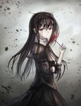  akemi_homura black_dress black_hair blood bloody_tears dress flower funeral_dress grey_background hairband highres long_hair mahou_shoujo_madoka_magica mahou_shoujo_madoka_magica_movie pale_skin red_eyes reki_(irisynth) solo spider_lily spoilers 