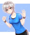  achiv anastasia_(idolmaster) blue_background blue_eyes blush collarbone idolmaster idolmaster_cinderella_girls looking_at_viewer short_hair short_sleeves silver_hair simple_background smile solo sweatband waistband waving wristband 