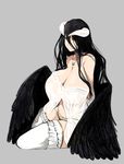  absurdres albedo bare_shoulders bikini_bottom black_hair black_wings breasts cleavage demon_girl demon_horns hair_between_eyes highres horns huge_breasts jewelry kumako_(kumakonoh) lingerie long_hair necklace overlord_(maruyama) panties see-through simple_background sitting solo thighhighs thighs underwear very_long_hair wings yellow_eyes 