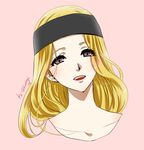  blonde_hair blush commentary_request face headband komugi123 long_hair mifune_chihaya open_mouth persona persona_5 purple_eyes twitter_username 