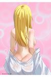  absurdres artist_name ass back blonde_hair body_blush breasts butt_crack cowboy_shot derivative_work facing_away fairy_tail from_behind gaston18 highres japanese_clothes kimono large_breasts long_hair lucy_heartfilia naked_kimono no_bra no_panties nude off_shoulder open_clothes open_kimono pink_background see-through shiny shiny_hair sideboob solo standing straight_hair striped striped_kimono 