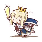  :o ahoge armor armored_dress artoria_pendragon_(all) blonde_hair blue_cape blush cape chibi crown excalibur fate/stay_night fate_(series) full_body gauntlets hair_bun highres nuu_(nu-nyu) saber simple_background solo v-shaped_eyebrows white_background |_| 