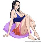  1girl arms ass bare_arms bare_shoulders barefoot black_hair blye_eyes breasts cleavage curvy feet hips huge_breasts large_breasts legs long_hair looking_at_viewer nico_robin one_piece pillow sitting solo thighs white_background 